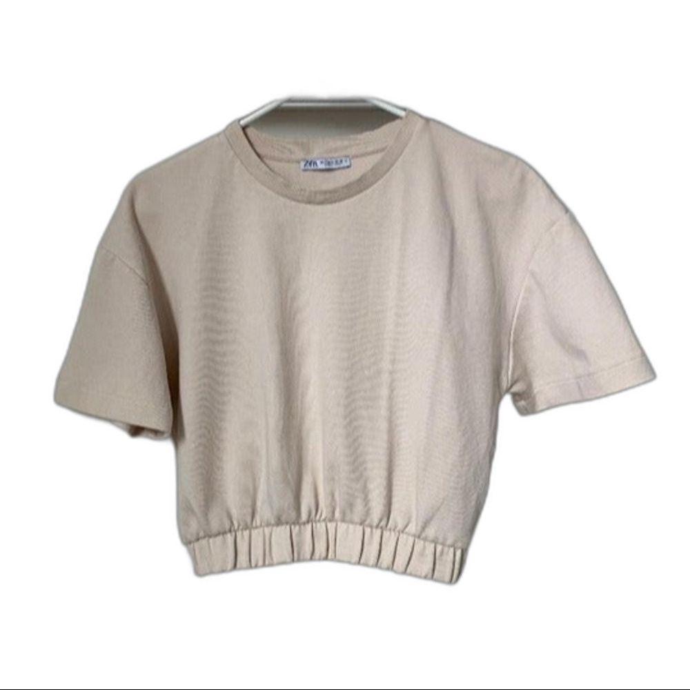 Zara crop short sleeve shirt with elastic waistband - cream size M